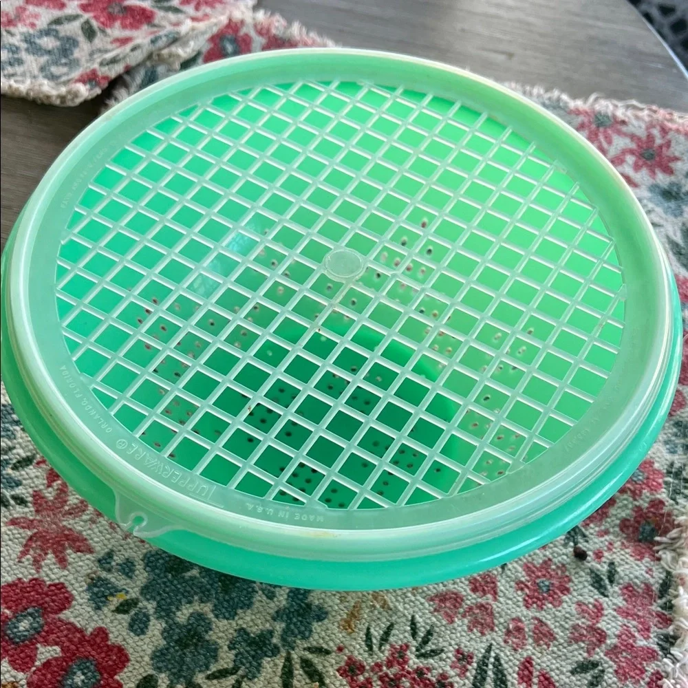 Tupperware Green 9.5” strainer with open Lid. Easily rinse veggies